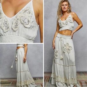 POL- Embroidered, Smocked and  Fringe Maxi Skirt and Crop Top Set- Medium. NEW!